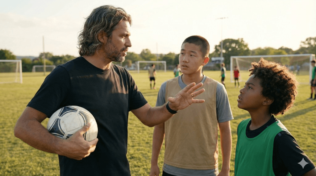 Soccer coach with two young players on a sunny outdoor field